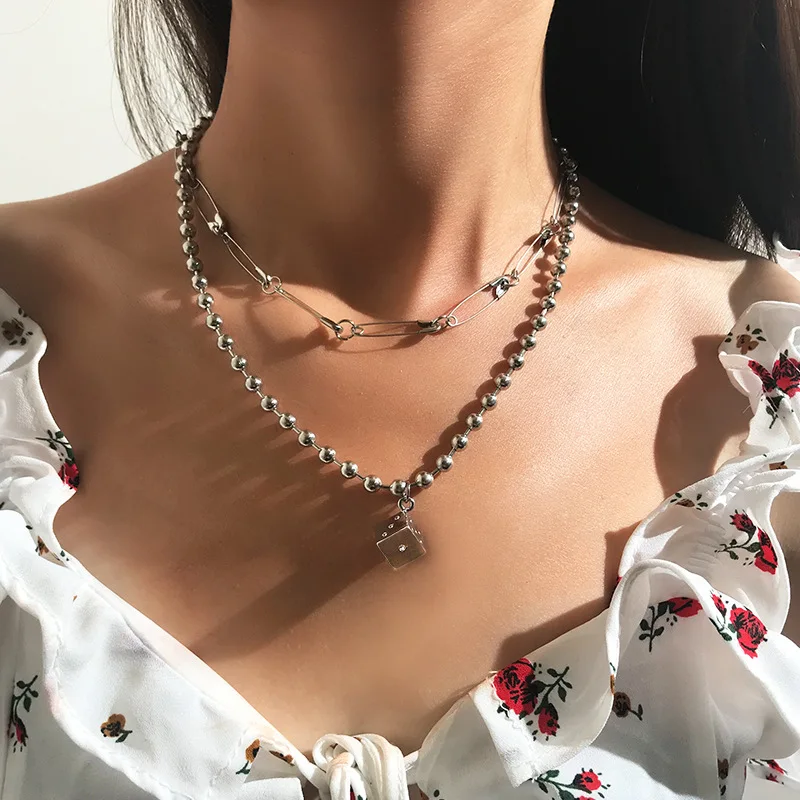 

New Harajuku silver Color bead chain choker necklace for women exaggeration punk pin square pendant statement necklace jewelry