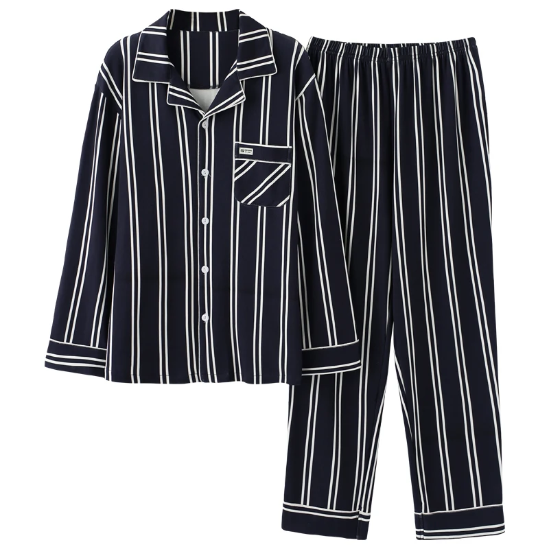 

Autumn And Winter Leisure Blue And White Striped Men's Pajamas Cotton Long-sleeved Warm Sleepwear Men's Pajamas Set