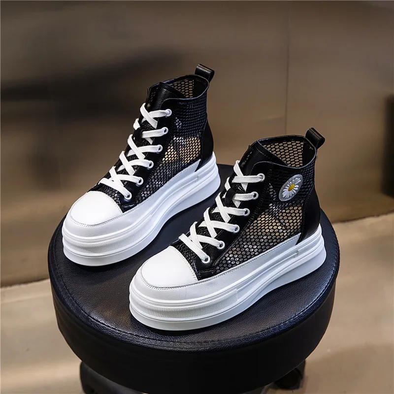 

Rimocy Hollow Canvas Ankle Boots Women Breathable High Top Round Toe Platform Boots Lace Up Height Increased Shoes Woman