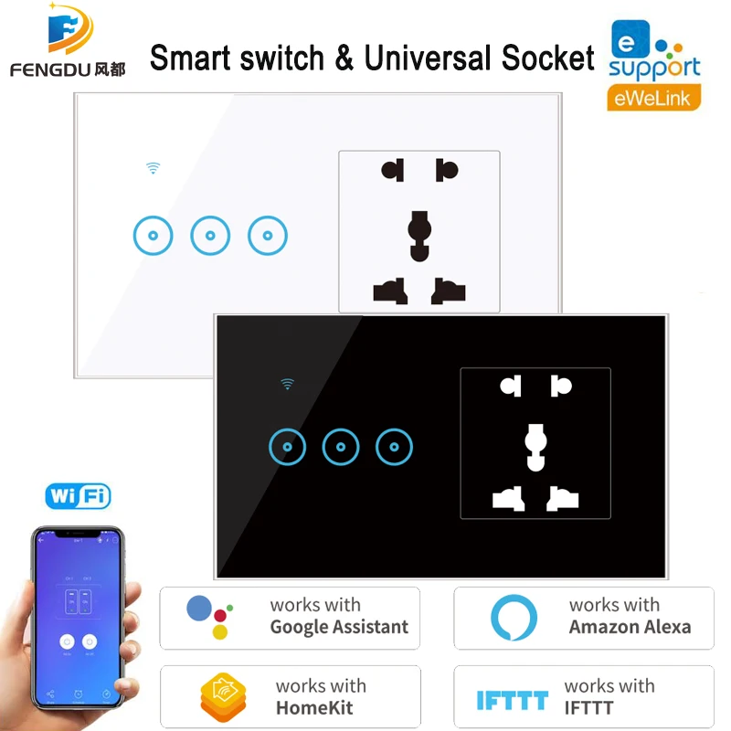 

Universal Socket EU US UK AU WiFi Smart Switch Wall Touch LED Light Switch 1 2 3 Gang 90V-240V Work with Google Home Alexa