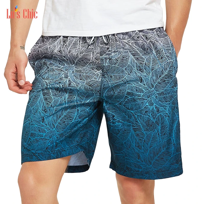 

Lu's Chic Long Beach Board Shorts Sport Swim Trunk Men Drawstring Elastic Waist Swimwear Bathing Suit Lining Loose with Pockets