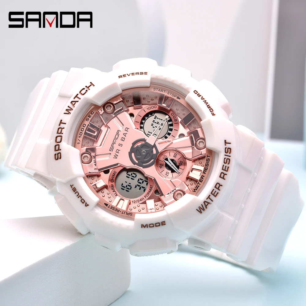 

SANDA Couple Wristwatch Shock style LED Casual Quartz Analog Watch Men Women Sport Digital Watches Gold Chronograph reloj hombre
