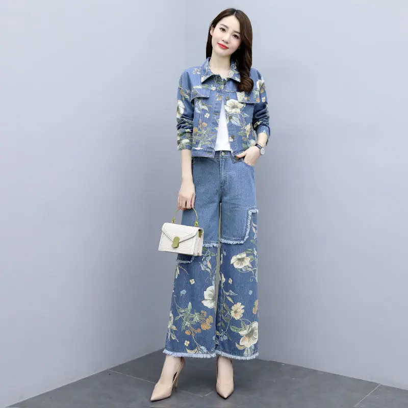

European 2 Piece Set Women Denim Two Piece Set Top And Pants Floral Ensemble Femme 2 Pieces Pantalon Elegant Jeans Matching Sets