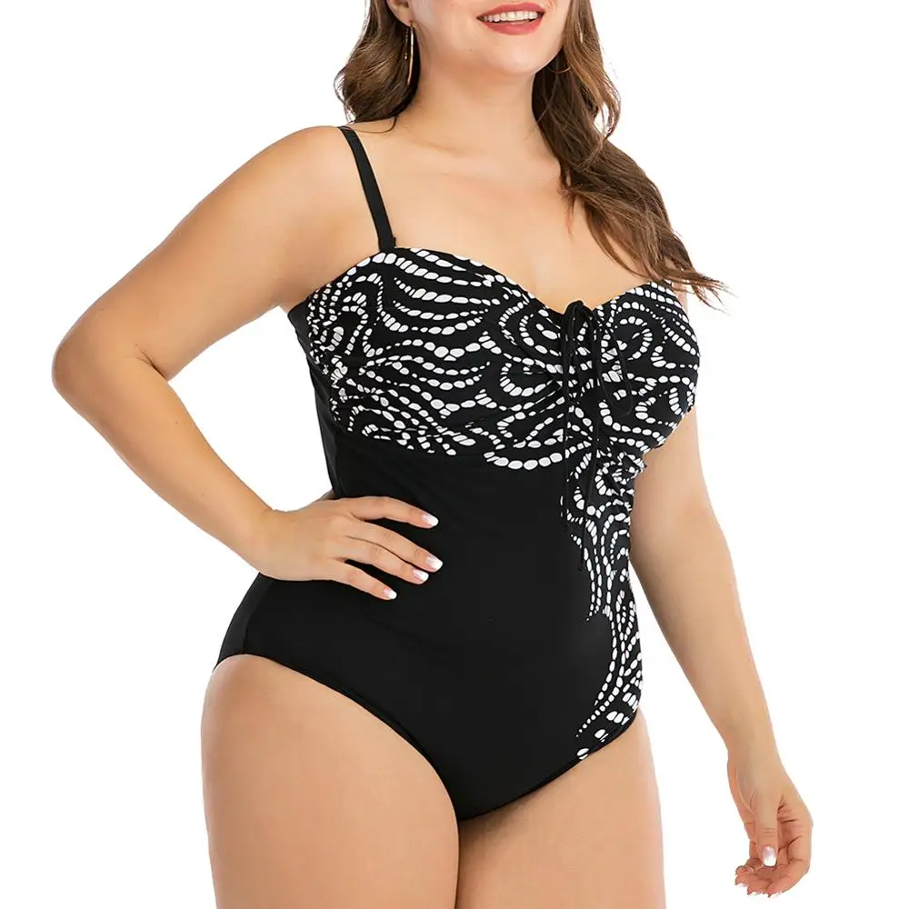 Женский цельный купальник размера плюс винтажный черно-белый монокини с принтом