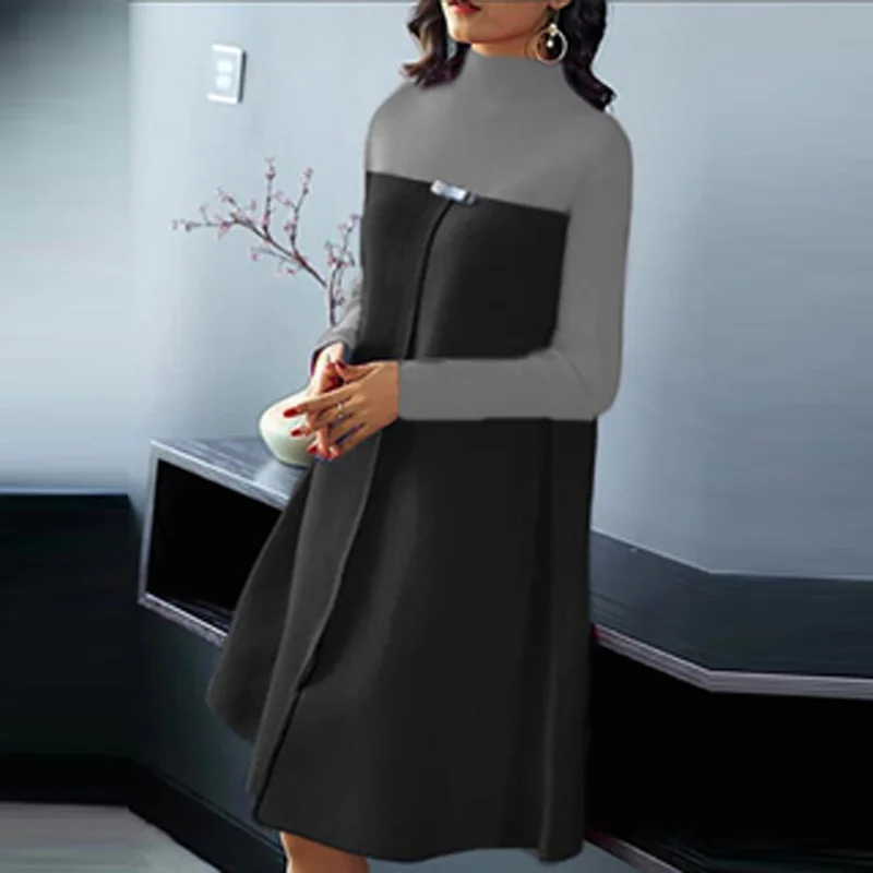 

2021 Spring Half Turtleneck Patchwork Party Dress Autumn Long Sleeve Retro A-Line Dress Women Elegant Casual Midi Dress Vestidos