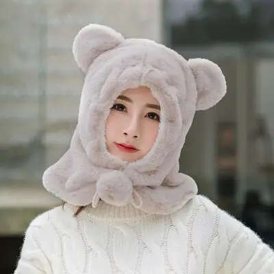 PLOERMIN новые милые Мультяшные уши Skullies Beanies кроличий мех вязаные шапки зимние толстые теплые мягкие Твердые крышки Зимние женские шапки - Цвет: beige