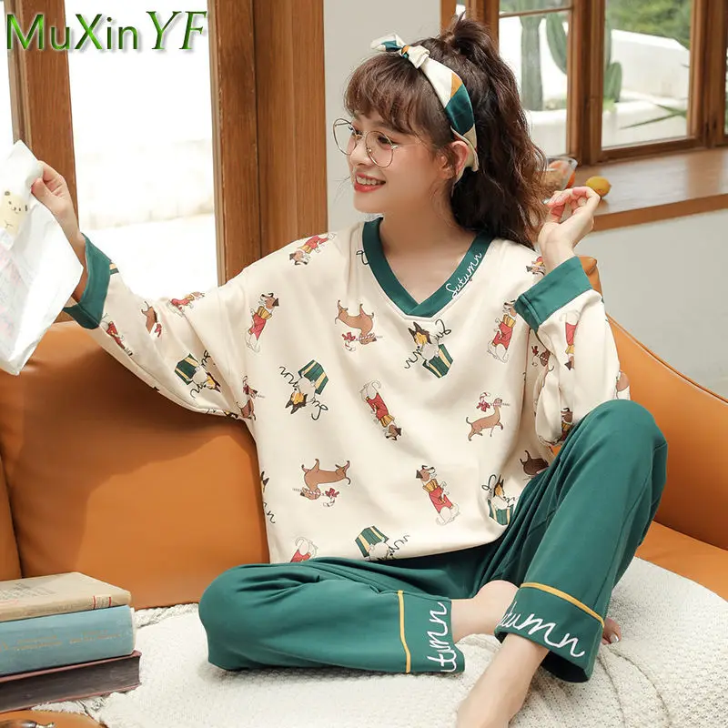 2022 New O-Neck Cotton Long-sleeved Trousers Pajamas Two-piece Spring Autumn Cute Cartoon Pijamas Sleepwear Home Clothes