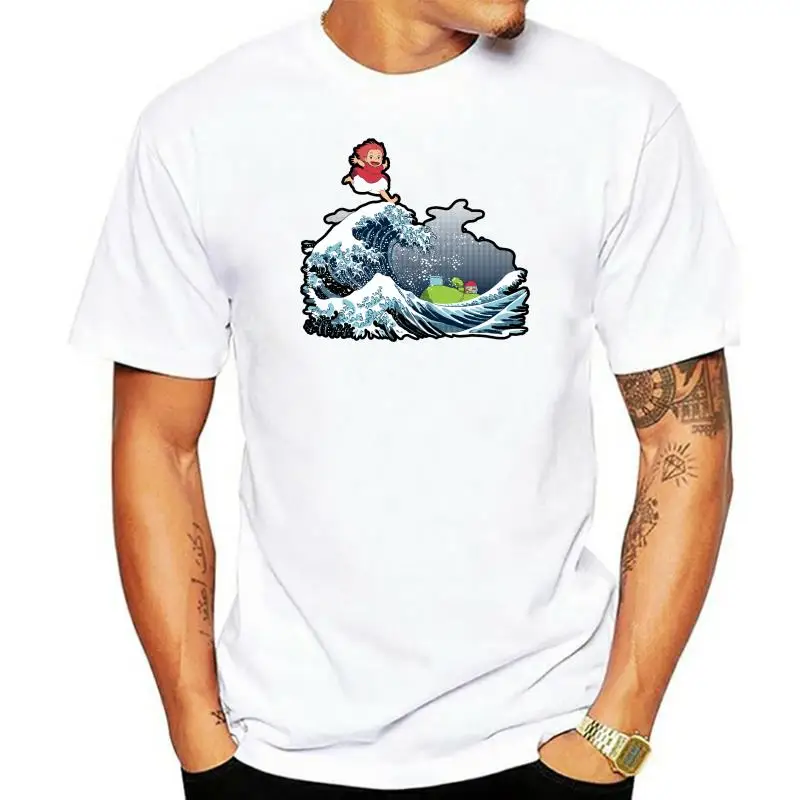 

Мужская футболка с круглым вырезом, футболки Ponyo And The Kanagawa Great Wave Харадзюку, Мужская Новая повседневная футболка