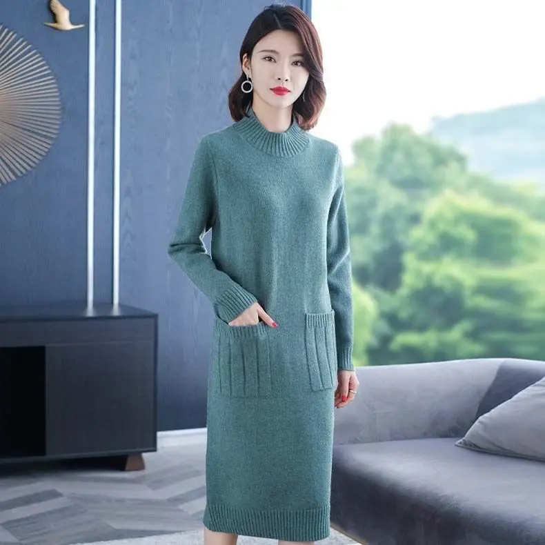 

Women 2021 Spring Autumn Half Turtleneck Solid Long Sleeve Knit Dress New Female Knitted Feminine Vestidos Pullover Dresses X348