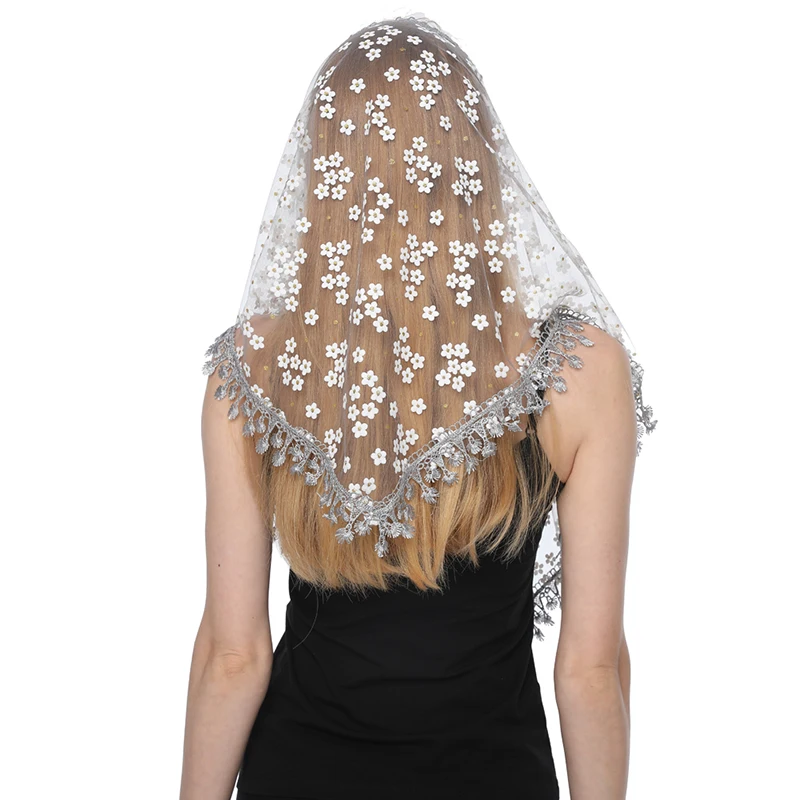 

Women Triangle Scarf for Church Prayer Shawl Embroidered Lace Veil Floral Headcovering Tassel Veils Mantillas Ch191102sgf