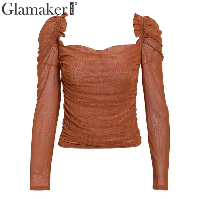 Glamaker, пышная блуза с длинным рукавом, Женская Сексуальная плиссированная блузка для ночного клуба, Женский шикарный сетчатый топ, уличная модная винтажная блуза с квадратным вырезом