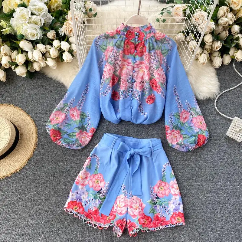 

2020 Women Fashion New Vintage Long Lantern Sleeve Single Breasted Print Shirt + Wide Leg Shorts Two Piece Sets N678