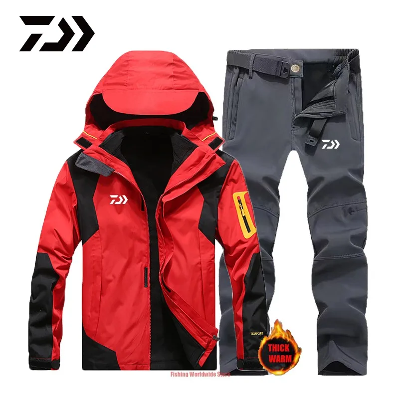 New Daiwa Men's Winter Outdoor Sport Fishing Suits Waterproof Plus Velvet Warm Dawa Clothing Hooded Jackets | Спорт и