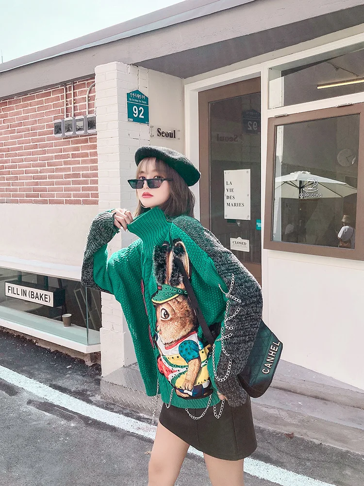 QING MO Green Women Cartoon Printed Sweater 2021 Turtleneck Knitted Female Patchwork ZQY6349 | Женская одежда