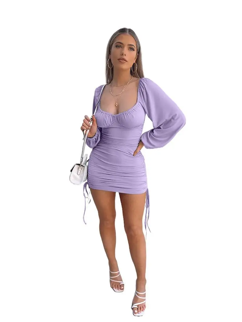 

YLDSGS Long Sleeve Bodycon Dress Women Summer Off Shoulder Sexy Mini Dress Drawstring Ruched Puff Sleeve Short Party Dress