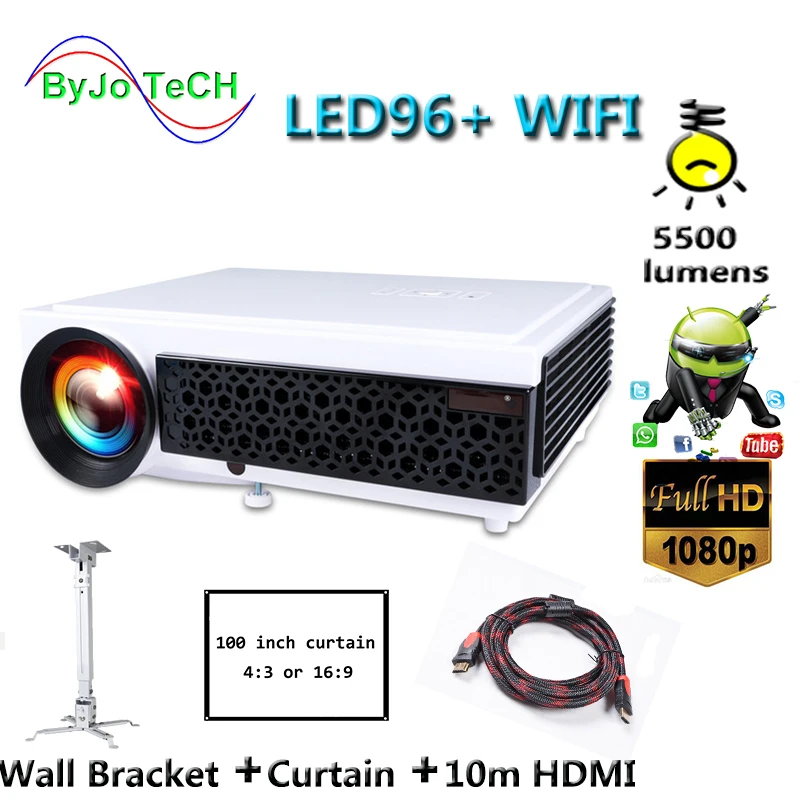 

Проектор Poner Saund LED96 +, Wi-Fi, Android 6,0, Full HD 1080P, 5500 люмен, 10 м, HDMI, настенный кронштейн, экран, занавес Vs led96