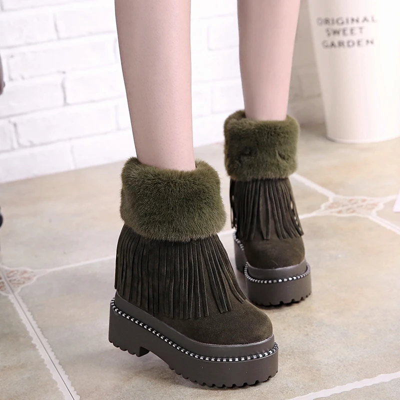 Winter Women Ankle Boots 2020 New Female Tassel Cotton Shoes Wedge Heels High Platform Sneakers Warm Rabbit Fur Snow Short | Обувь