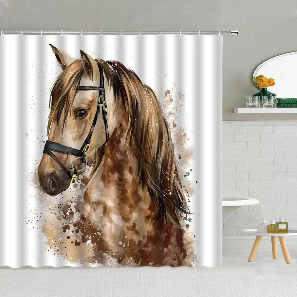 

Colored Horse Lovers Painted Bathroom Shower Curtain American Hand Drawn Bath Decor Waterproof Fabric Curtains With Hooks Set