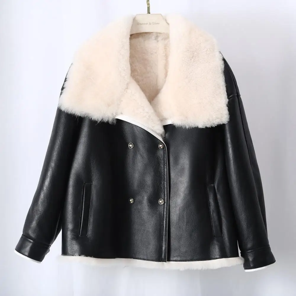 

Iceland 2021 New Lamb Shearling Fur Coats Women Winter Loose Casual Big Collar Black Real Fur Jackets Thicken Sheepskin Fur