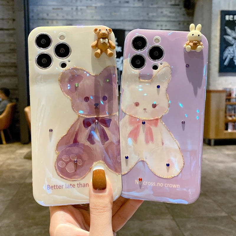 3D Медведь Кролик Синий лазерный бриллиант мягкий ударопрочный чехол из ТПУ для