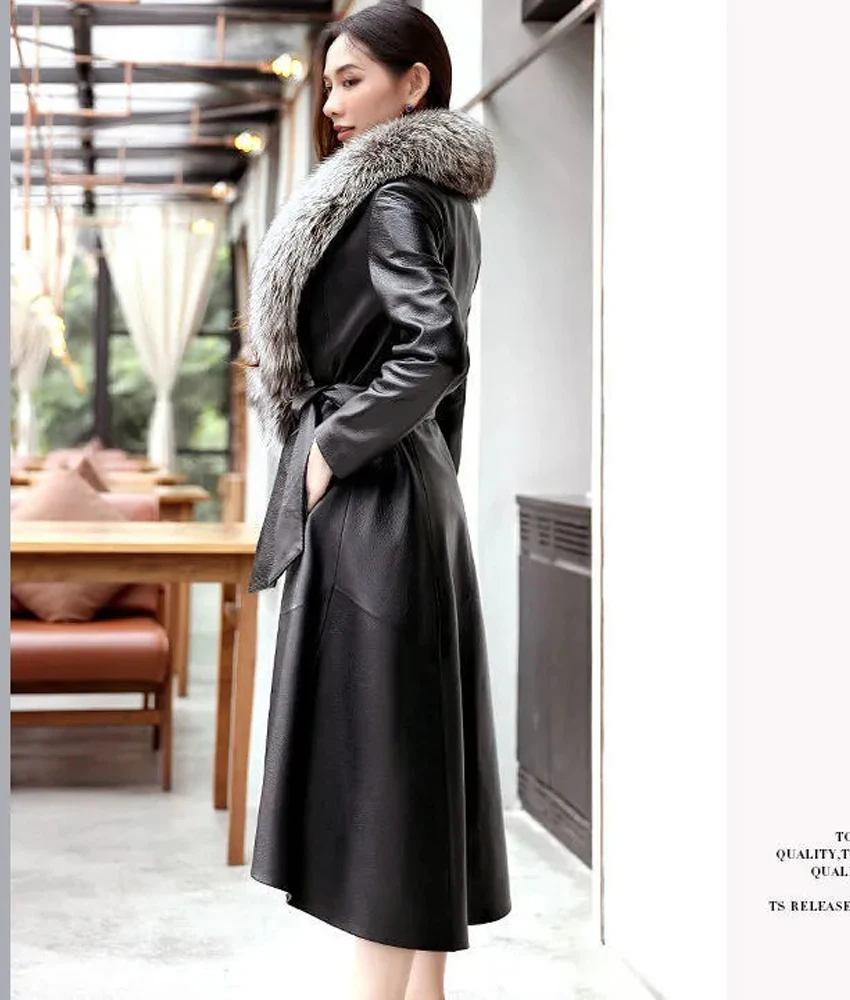 2021 Autumn And Winter New Ladies Leather Trench Women's Long Knee Over Korean Slim Fit Large Fur Windbreaker Coat Women Trend enlarge