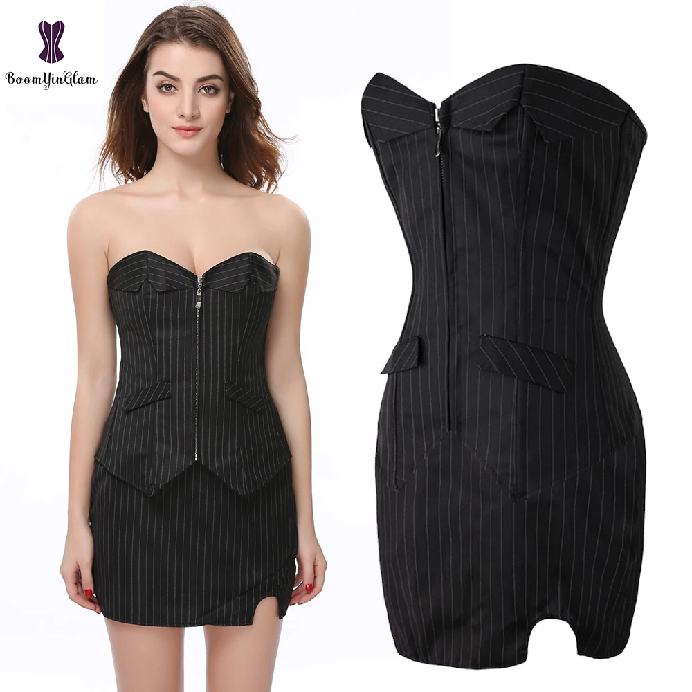 Женское черное корсетное платье в тонкую полоску без бретелек готическом стиле