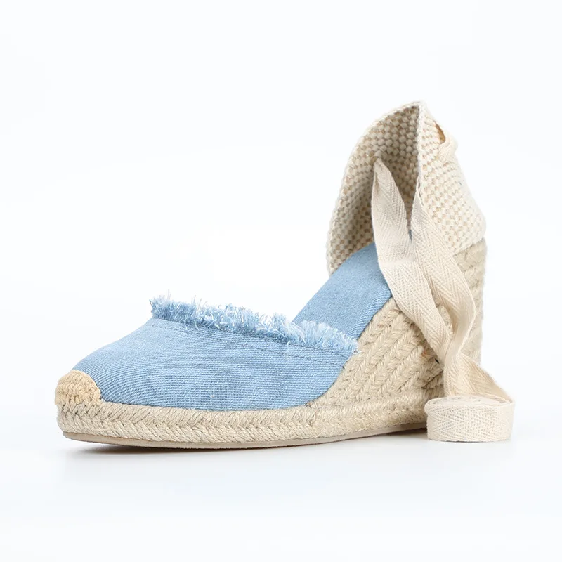 

New style solid color hemp sole strap slope heel women's shoes fleece breathable sandals women's summer leisure Women's high