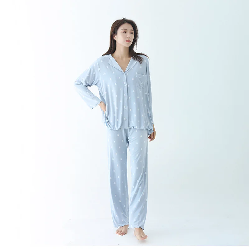 

Spring and Autumn Modal Women's Pajamas, Lapel Cardigan, Millet Bear Long-sleeved Trousers, Loose Cotton Plus Size Home Clothing