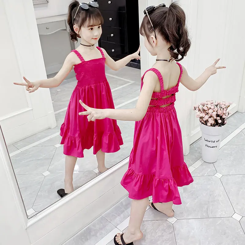 

2021 New Brand Girls Sleeveless Dress 4-13Years Summer Teens Solid Color Dresses Children Clothes Cotton Princess Dress For Girl