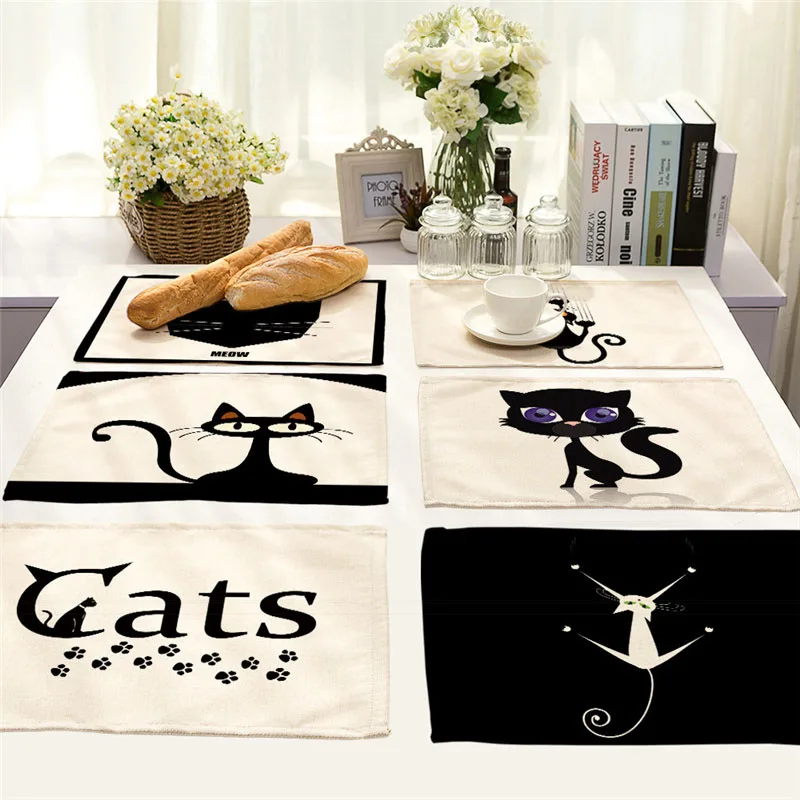 

1Pcs Cute Black Cat Pattern Kitchen Placemat Dining Table Mats Drink Coasters Western Pad Cotton Linen Cup Mat 42*32cm MA0003