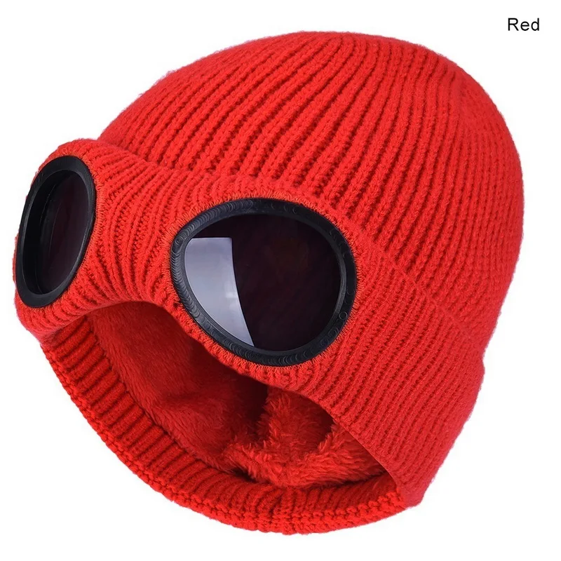 red Модные вязаные шапки для взрослых, модель года, лыжная шапка со съемными очками для мужчин и женщин, утолщенные зимние теплые шапочки двойного назначения - Цвет: red