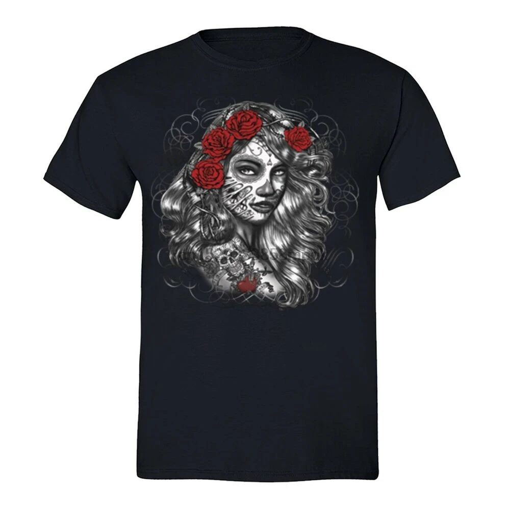 Mens Los Muertos Girl Flowers Sugar Skull Day Dead Dia Mexican T-Shirt(1) | Мужская одежда