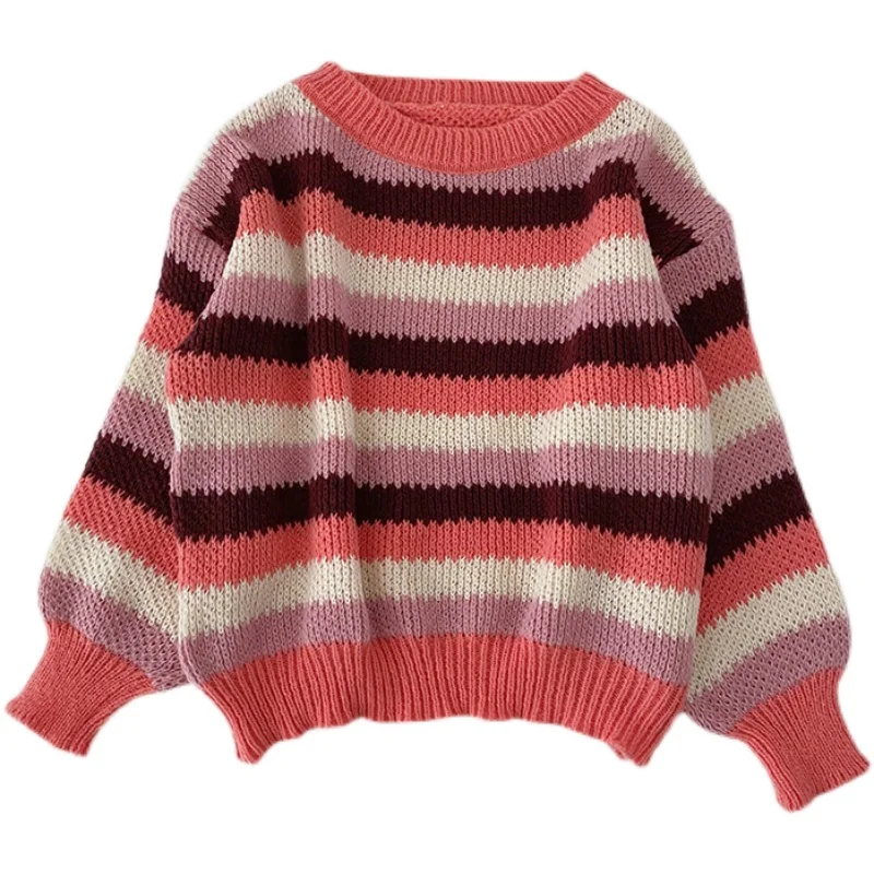 

Женский свитер в полоску, повседневный Свободный пуловер в корейском ретро-стиле с длинными рукавами, Осень-зима