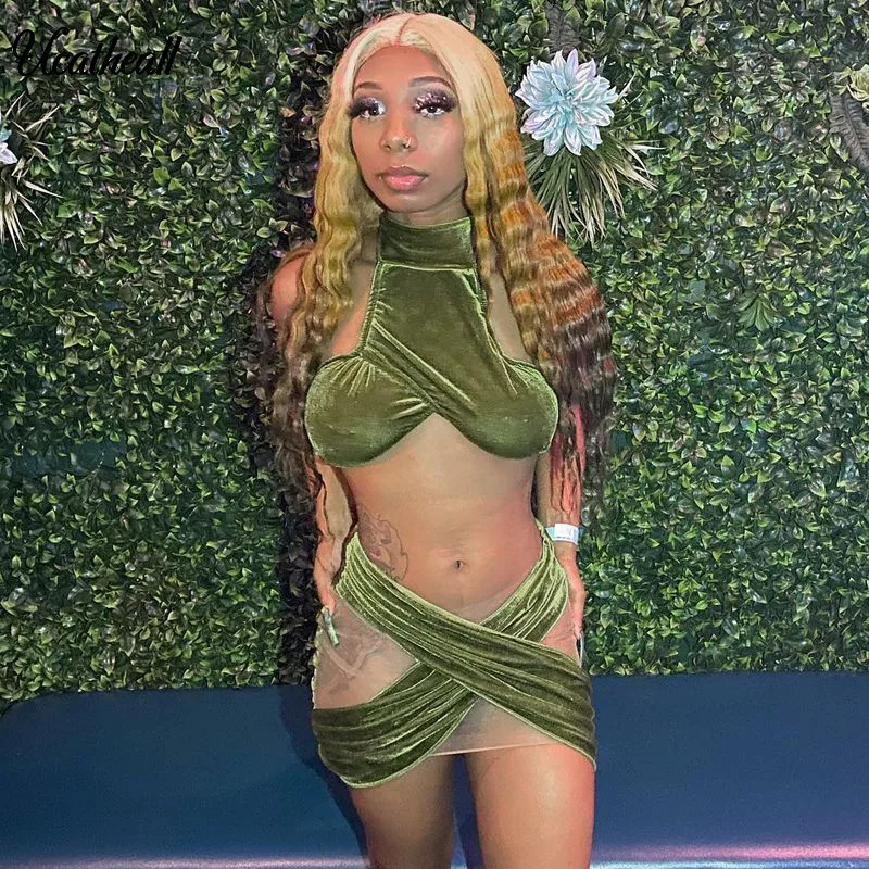 

Sleeveless Crop Top +Mini Skirt Two Piece Set Velvet Fashion Sexy Backless Dress Party Club Cross Hollow Skirt Set Bodycon