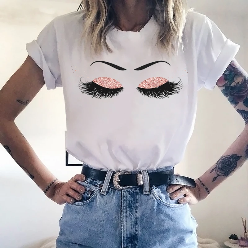 

Eyelashes Print Girls Harajuku Short Sleeve T Shirt Female Casual Tees Summer Cotton Tshirt Short Tees Women's Cartoon T-shirt