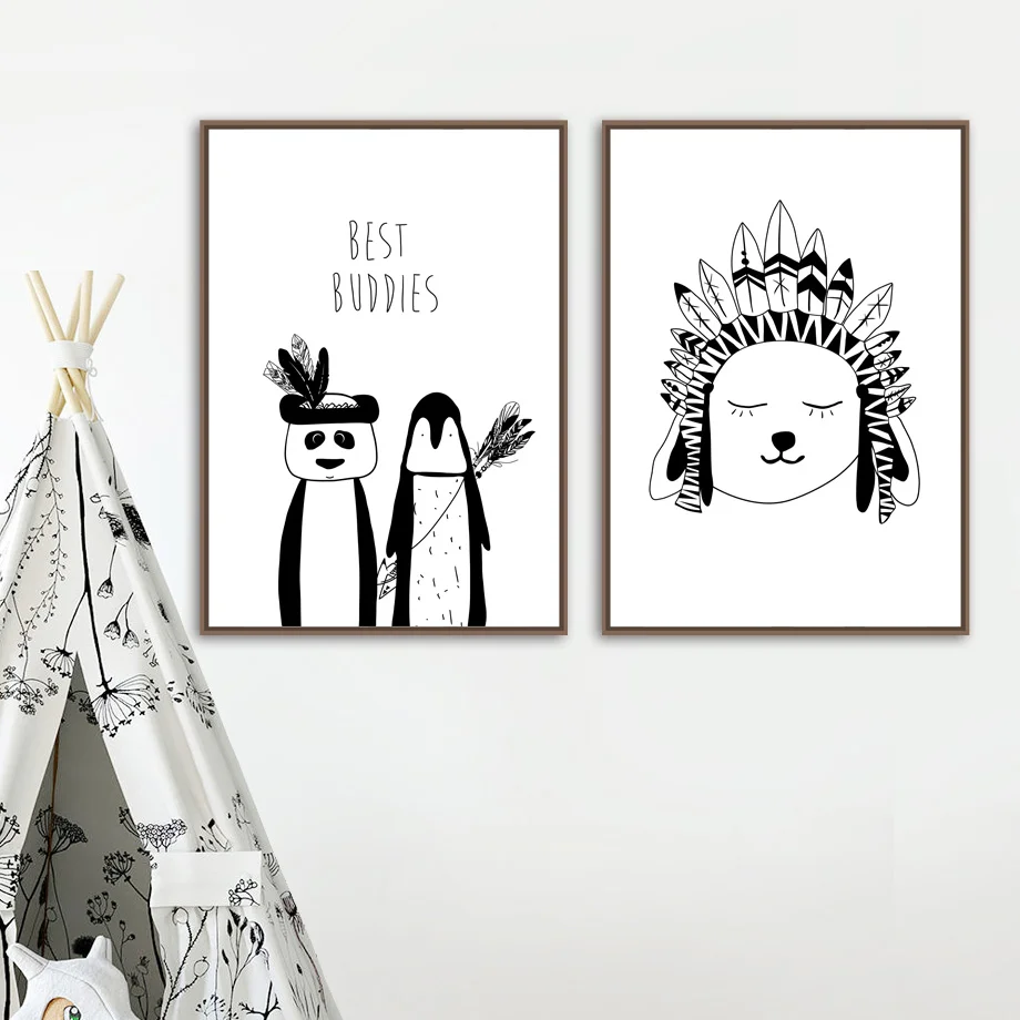 Wall Art холст картины печать черно белая панда Пингвин палатки мультфильм Nordic