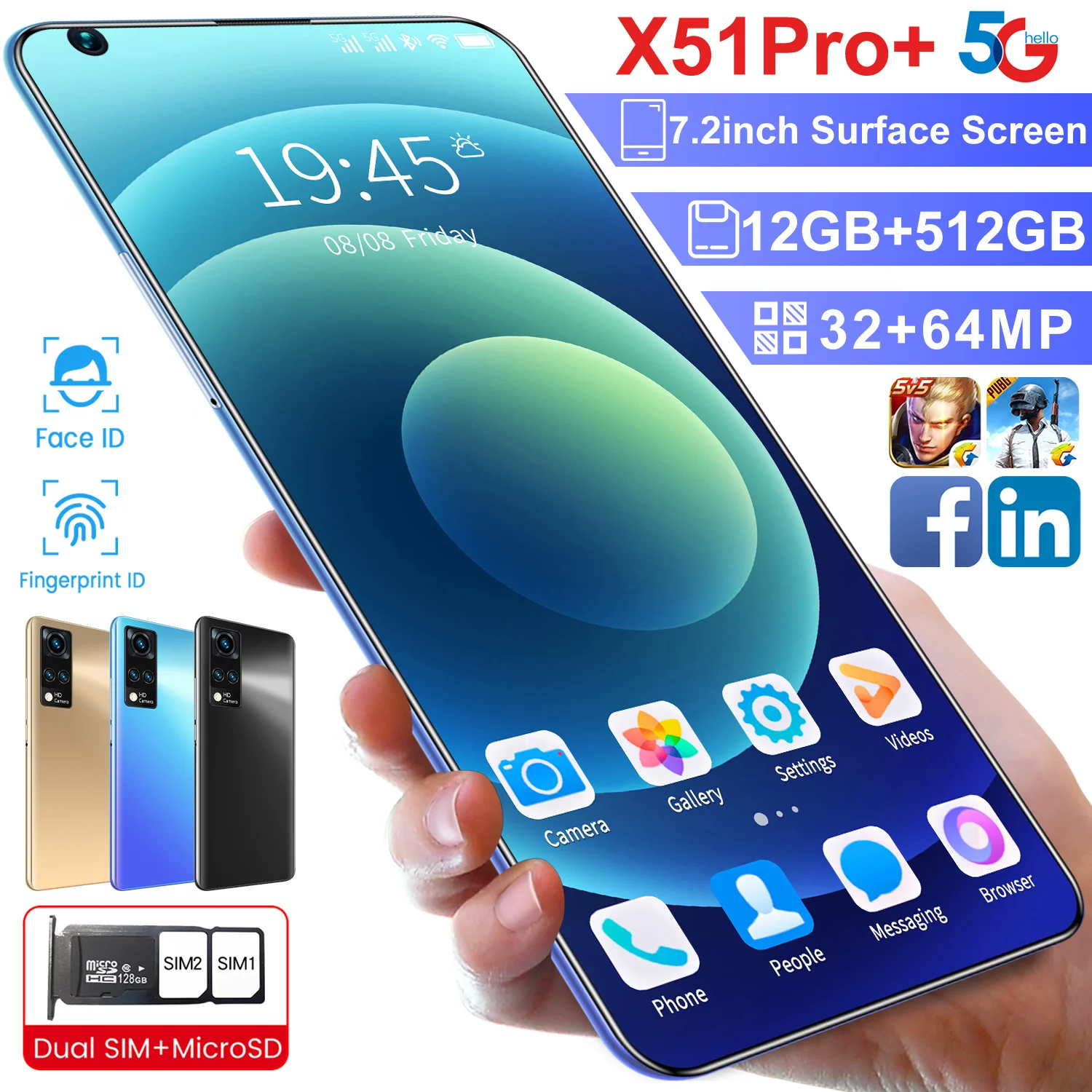 

X51PRO+ Andriod 10 Smart Phone 7.2 Inch 5G Network 12+512GB 32+64MP 6800mAh Face ID 10 Core MT6595 Mobile Phone Celular