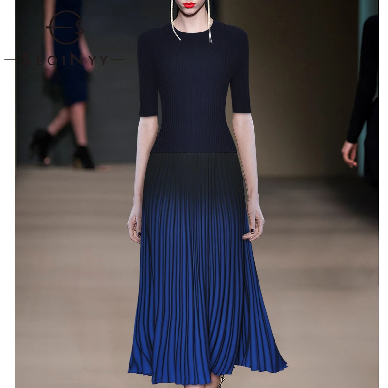 

SEQINYY Elegant Suit Knitting Top Belt + Blue Black Pleated Long Skirt 2020 Spring Autumn New Fashion Design Women Office Lady