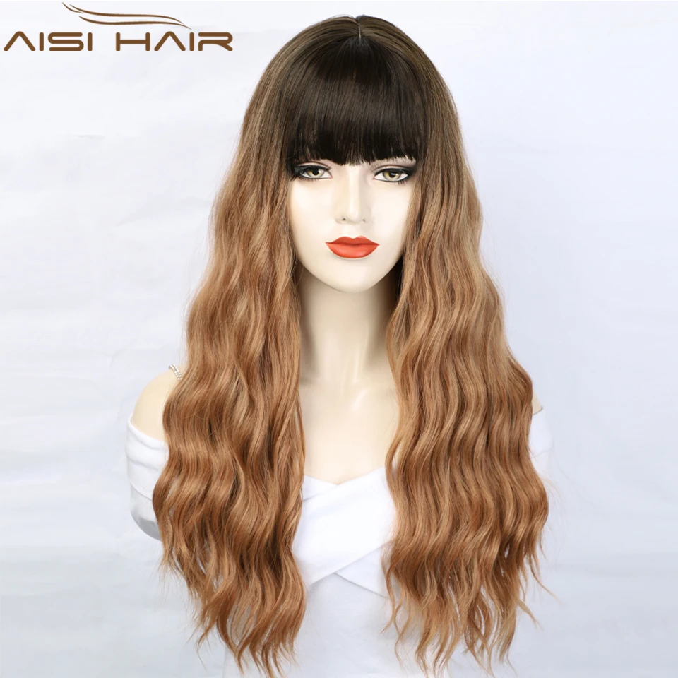 

AISI HAIR Synthetic Long Wavy Ombre Brown Wigs with Bangs Natural Hair for Women Heat Resistant Daily Wig