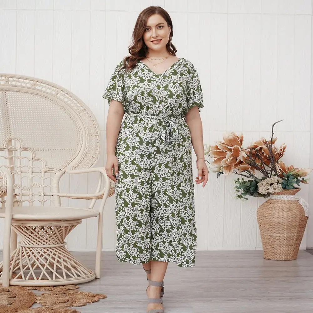 2021 размера плюс женская Цветочный Принт Комбинезон Летняя обувь для отдыха с