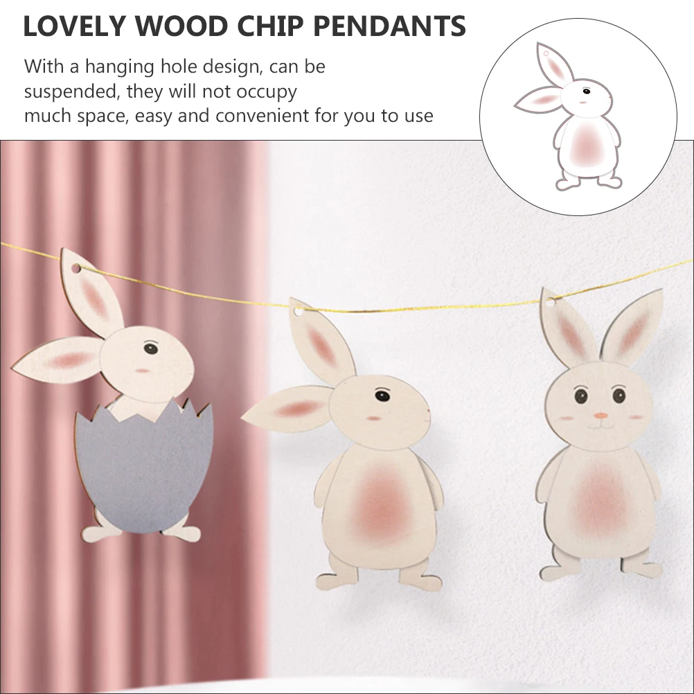 

3PCS Lovely Easter Bunny Hanging Ornaments Wood Chip Rabbit Pendants Home Pendants
