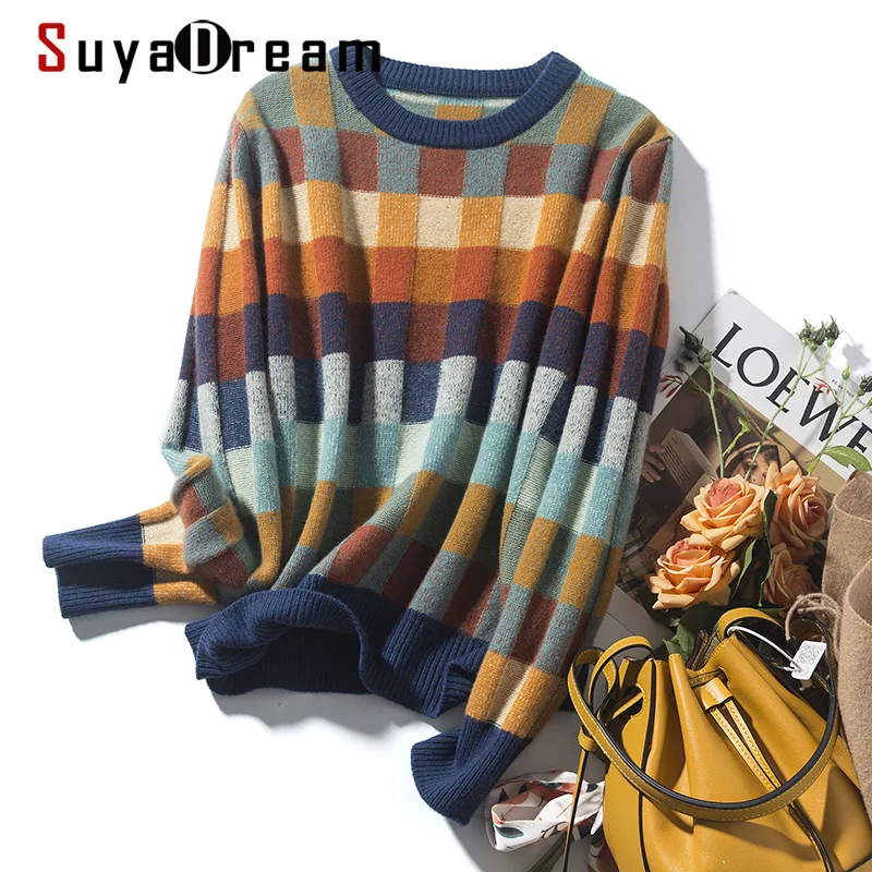 SuyaDream Women Plaid Sweaters 100%Wool Crew neck Pullovers 2021 Fall Winter Fashionable Checks Knitwear