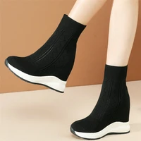 women knitting wedges high heel ankle boots female high top round toe breathable fashion sneakers platform trainers casual shoes