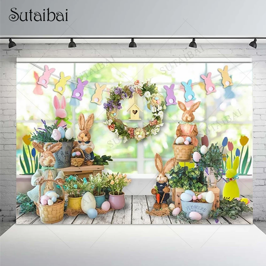 

Easter Photography Backdrop Spring Green Plants Flowers Bunny Egg Decor Rabbit Birthday Party Photcall Background Photo Studio