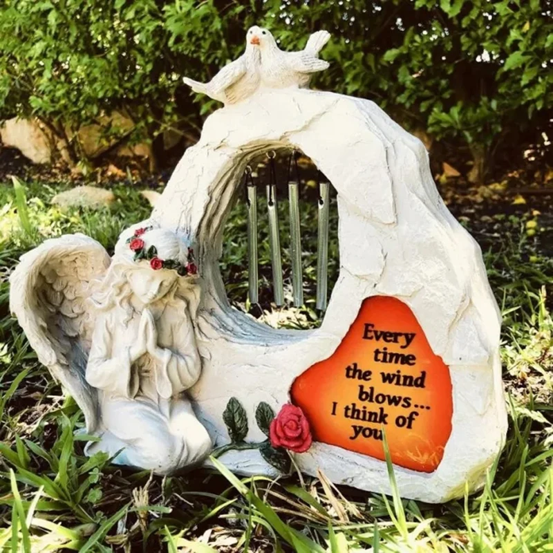 

Memorial Garden Statue Wind Chimes Solar Led Lights Kneeling Angel Figure Praying Angel Sculpture Outdoor Yard Garden Decor