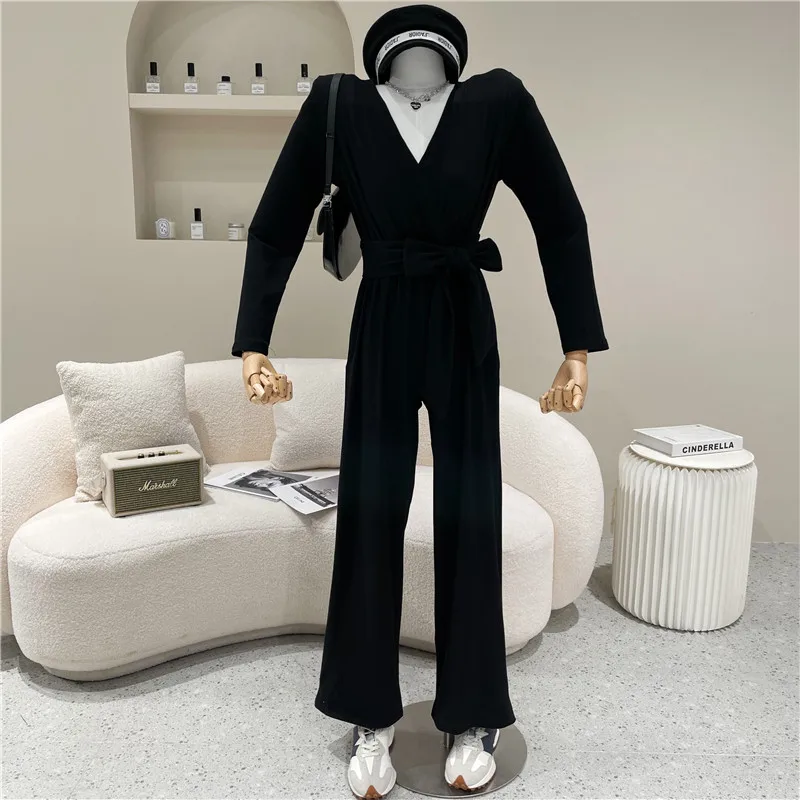 

Women's Spring Summer 2021 Fashion V-neck cross lace up Jumpsuit Retro Temperament casual wide leg pants