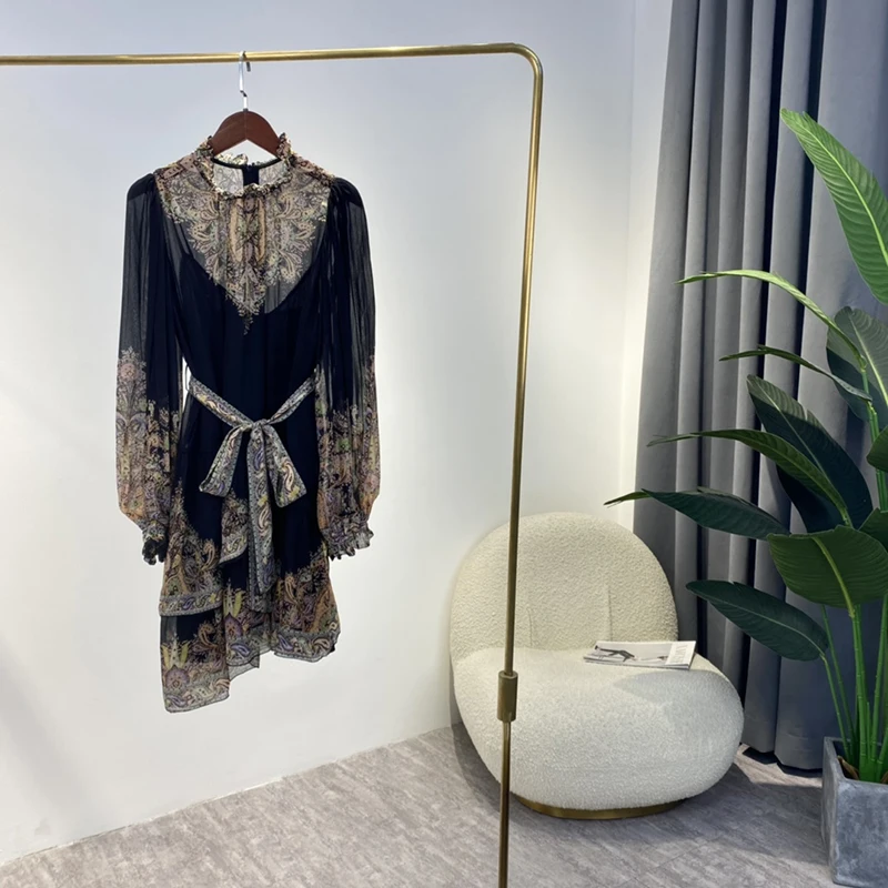 

Женское многослойное Асимметричное мини-платье с принтом пейсли, длинным рукавом и поясом в винтажном стиле, Новинка осени 2021