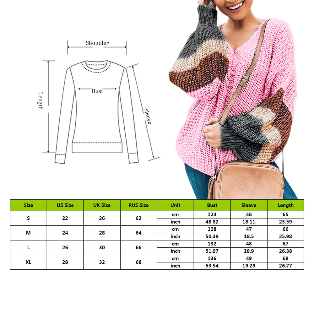 

Autumn Winter V-neck Lantern Sleeve Stripe Colorblock Patchwork Loose Pullover Streetwear Plus Size Sweaters Women Sweater
