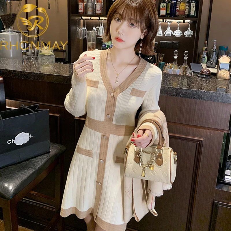 

New V-Neck Knitted Bodycon Dress Patchwork Mini Long Sleeve Vestidos Mujer Korean Elegant Femme Robe 2021 Spring