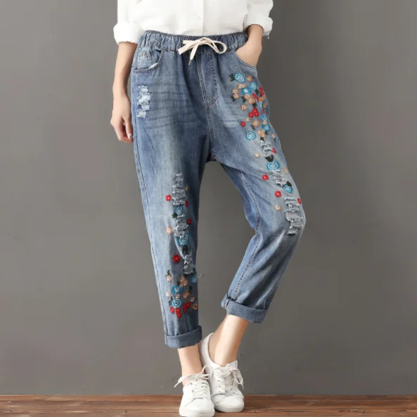 Рваные Джинсы бойфренда с цветочной вышивкой размера плюс 3XL для женщин штаны